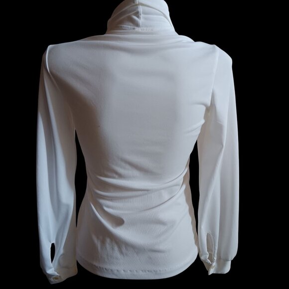 Vintage Women's Small Blouse Top 1970s White Secretary Tie Neck Stretch Granny - Picture 5 of 6